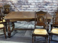BRETON CARVED OAK & PARQUE DRAW LEAF DINING TABLE SUITE, floral carved blocks and caryatid figure