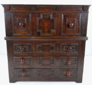CHARLES II OAK GEOMETRIC TWO-PART CHEST, dentil incised frieze above deep panelled drawer on a