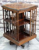 EDWARDIAN ROSEWOOD MARQUETRY REVOLVING BOOKCASE, shaped top with checkered edge, open shelves with