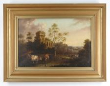 EARLY 20TH CENTURY SCHOOL, oil on canvas - cattle watering in an Italianate landscape with ruin,