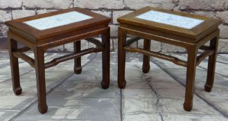 PAIR CHINESE ELM & PORCELAIN INSET TOP OCCASIONAL TABLES, 55 x 37cms (2)