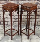 PAIR OF CHINESE HARDWOOD TALL SQUARE VASE STANDS, with fretwork friezes, 30 x 30 x 92cms (2)