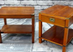 TWO MODERN YEW WOOD CAMPAIGN-STYLE BEDSIDE TABLES, each fitted with frieze drawer, later glass