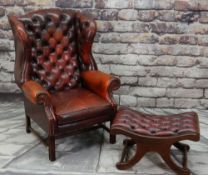 GEORGE III-STYLE MAHOGANY & LEATHER WINGBACK ARMCHAIR, red button upholstered back, square