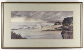 LYNN LLEWELYN DAVIES watercolour - beachscape with family and dog, signed, label verso for Reading