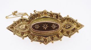 9CT GOLD DIAMOND SET LADIES BROOCH with safety chain, 6.2gms, in black jewellery box Condition