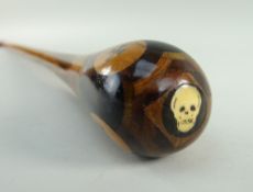 EDWARDIAN SPECIMEN WOOD WALKING CANE, swollen handle with Maltese cross and red wax/silver metal