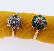 TWO 18CT GOLD FLOWER HEAD RINGS comprising emerald and diamond illusion set example and similar
