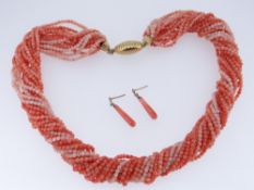 CORAL NECKLACE of twisted form with 18ct gold clasp together with 9ct gold set coral drop earrings