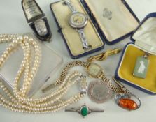 ASSORTED LADIES JEWELLERY & ACCESSORIES including George VI silver compact, a vintage silver