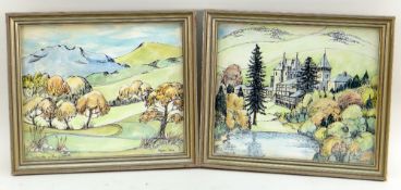 MEGAN JONES ink and wash - pair of paintings depicting mountainous landscape and a castle by a lake,
