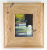 VANESSA PEARSON acrylic on board - yacht and dinghy, gallery flyer attached verso, back stamped