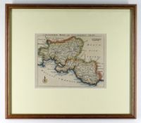 J ROCQUE engraved antique coloured map - Carmarthen Shire, circa 1740-1760, 16 x 20cms, later framed