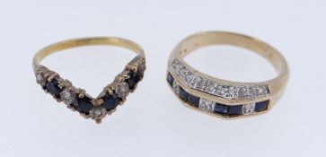 TWO SAPPHIRE & DIAMOND RINGS comprising 9ct gold angular ring and yellow metal wishbone ring, 5.4gms