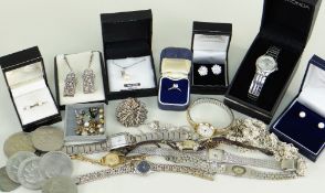 ASSORTED JEWELLERY, SILVER, COINS & WATCHES comprising 14k gold semi-precious single stone ring,