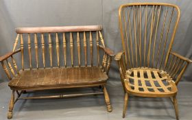 ERCOL STICK BACK ARMCHAIR and a spindle back wood seated couch, unbranded, 103cms H, 76cms W, 48.