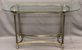 MODERN GLASS TOP & SATIN BRASS EFFECT CONSOLE TABLE, 68.5cms H, 122cms W, 45.5cms D