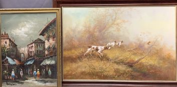 TWO PAINTINGS Continental oil under glass - street scene with numerous figures, signed 'Bernard', 60