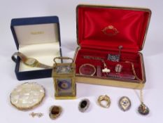 BRASS SMALL MANTEL CLOCK with blue enamel dial, 8cms tall (handle down), Seiko vintage men's