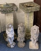 ORNAMENTAL GARDEN WARE, FIVE ITEMS to include a square top bird bath and sun dial on matching column