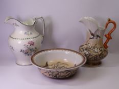 STAFFORDSHIRE POTTERY JUG & WASH BASIN SET, patterned with ducks in flight and another jug