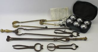 CASED SET OF MODERN BOULES, a mixed selection of fireside irons and two vintage pairs of sugar nips