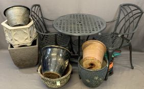 GARDEN RELATED ITEMS to include a metalwork circular top table and two armchairs, Bosch Long Reach