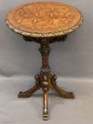 GOOD GOTHIC OAK CARVED SIDE TABLE, the 50.5cms diameter top with parquet type inlay, pierced bracket
