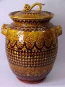 MIKE ATKINSON SLIPWARE TYPE DECORATED JAR & COVER, inscribed 'A Goode Jar for Keeping', M J A maker,