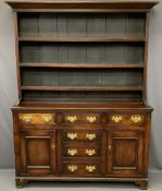 CIRCA 1850 STAINED PINE WITH MAHOGANY DRAWER FRONT WELSH DRESSER, the three shelf rack with wide