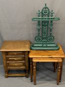 QUALITY REPRODUCTION CAST IRON STICK STAND, small oak three drawer chest and two modern pine side