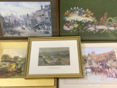 PARCEL OF THREE PRINTS, a small floral tapestry and a small watercolour painting (foxing