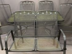 MODERN METALWORK 6 PIECE GARDEN FURNITURE SET comprising rectangular top table, 70.5cms H, 130.