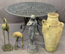 METAL CIRCULAR TOP GARDEN TABLE, two ironwork bird ornaments, figural ornament and a Greek style