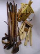 ANTIQUE GOLF CLUBS & STICKS an assortment, also bamboo bird house and wind chimes
