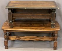 TWO REPRODUCTION OAK EFFECT COFFEE TABLES, 47cms H, 120cms L, 58.5cms W and 43cms H, 101cms L, 54cms