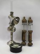 G W R STAMPED BRASS CARRIAGE LAMPS, vintage chrome reading lamp and a large lens from another lamp