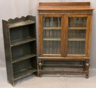 OAK GLAZED TWO DOOR BOOKCASE and one other open example in dark oak, 106cms overall H, 76cms W,