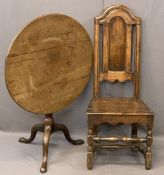 ANTIQUE MAHOGANY BIRDCAGE TRIPOD TABLE and an antique oak hall chair, 73cms diameter top, 67.5cms