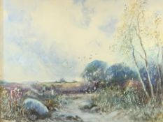 JOSEPH HUGHES CLAYTON watercolour - rural scene with two figures and circling birds, signed, 22 x