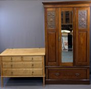 VINTAGE BEDROOM FURNITURE, TWO ITEMS to include a single mirrored door wardrobe with carved panels
