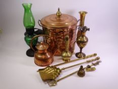 FIRESIDE ITEMS - a beaten coal box, 33cms tall, fire irons, other brass and copperware and an oil