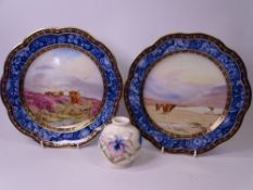 MOORCRFOT SHORT BULBOUS VASE - Hibiscus predominantly blue on white, 9cms tall and a pair of