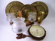 RUSTIC CEILING LAMP with three etched shades, Kienzle astrology related wall clock, a pair of