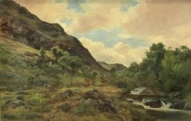 PETER BUCHANAN oil on canvas under glass - fine rocky landscape with sheep grazing and river