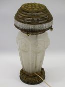ART DECO RELIEF MOULDED GLASS & GILT METAL TABLE LAMP, 47cms H