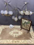 HANDMADE INDIAN TUFTED RUG, brass effect ceiling chandeliers and an oak framed woolwork tapestry