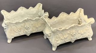 LION MASK & SWAG DECORATED CAST IRON PLANTERS, A PAIR, Rococo style with side carry handles, both