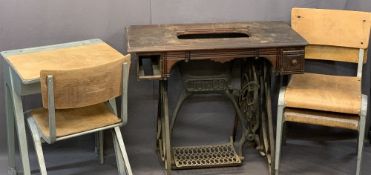 ESAVIAN METAL FRAMED CHILD'S DESK & THREE STACKING CHAIRS with a Jones sewing machine table base,