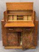 ART DECO WALNUT BUREAU CABINET with opening action to the drop-down front, interior pigeonholes over